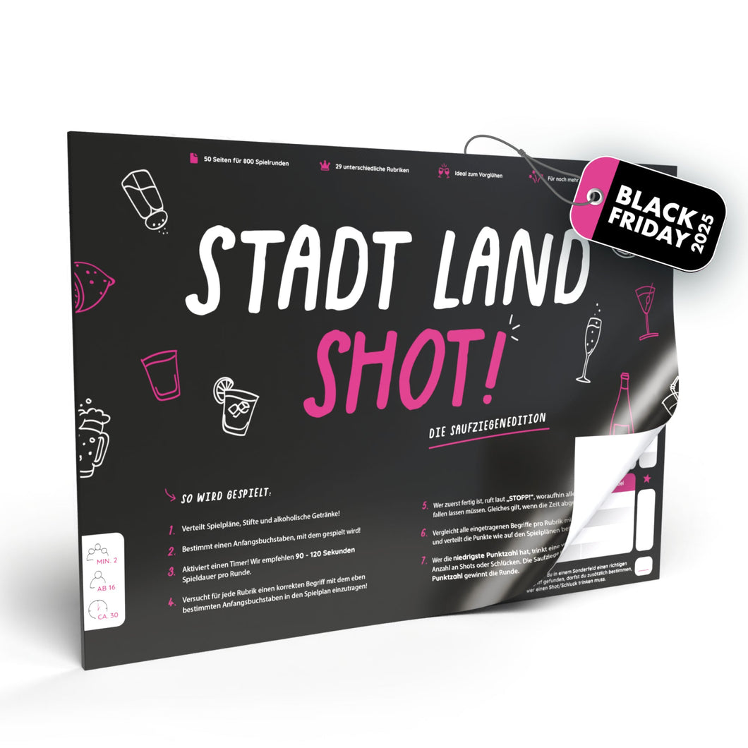 Stadt Land Shot | Spieleblock | Stadt Land Fluss als Trinkspiel ab 16 - Simon und Jan